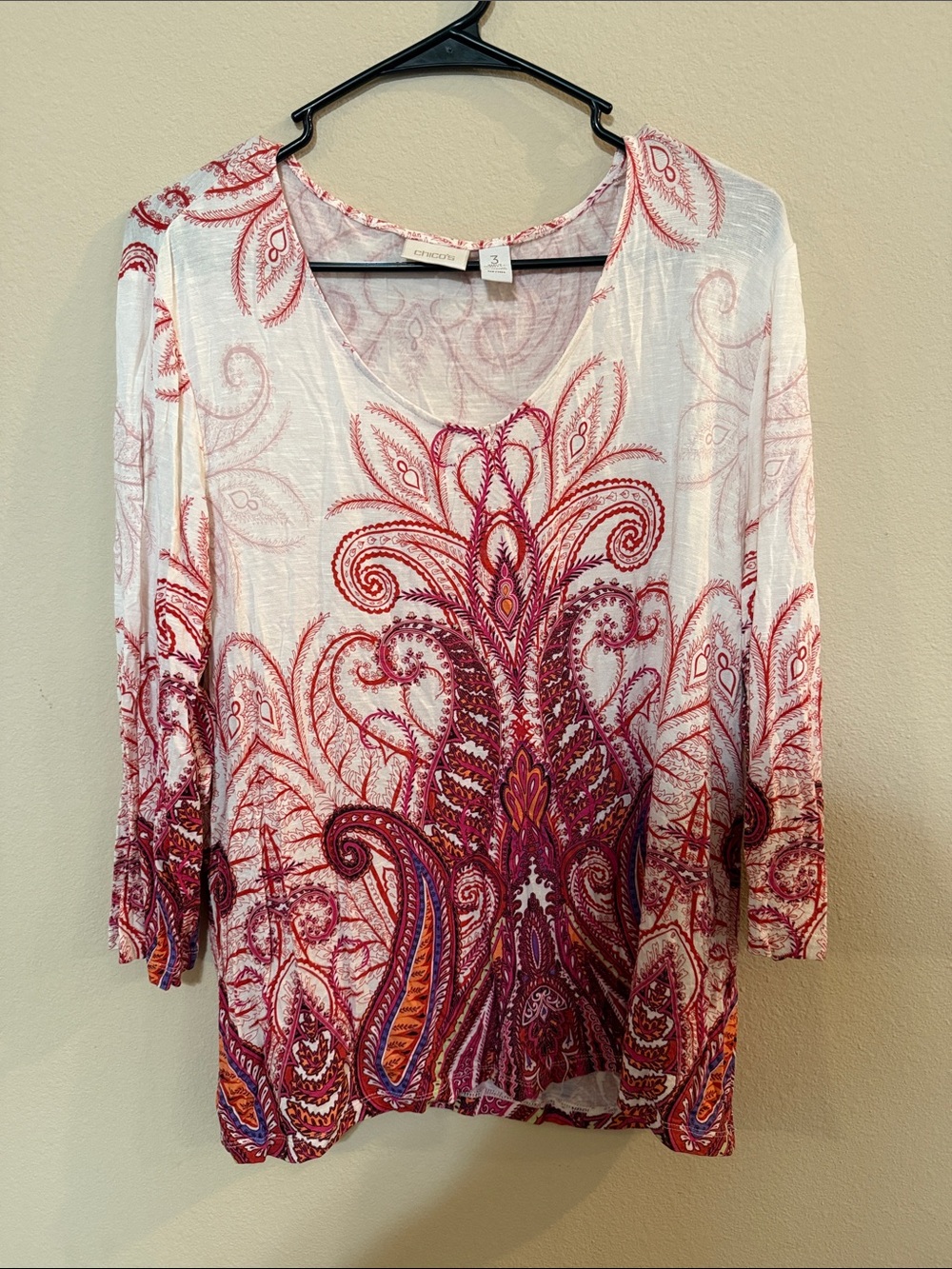 Chico's White Long-Sleeve V-Neck Top with Pink, Purple and Orange Paisley